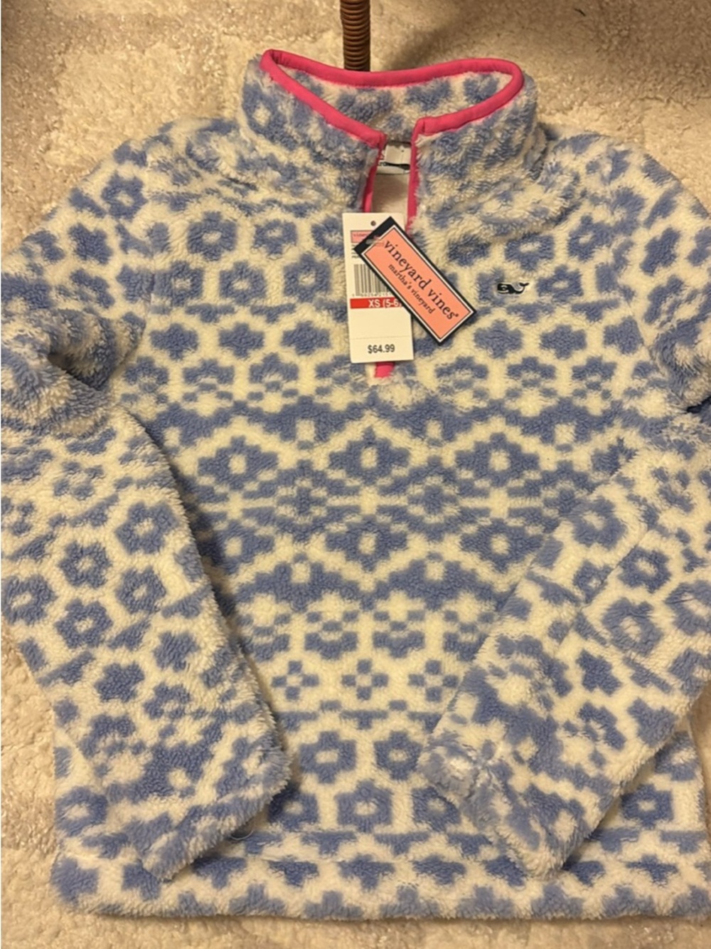Vineyard Vines Girls Plush Half-Zip Pullover - Blue, White, Pink Trim